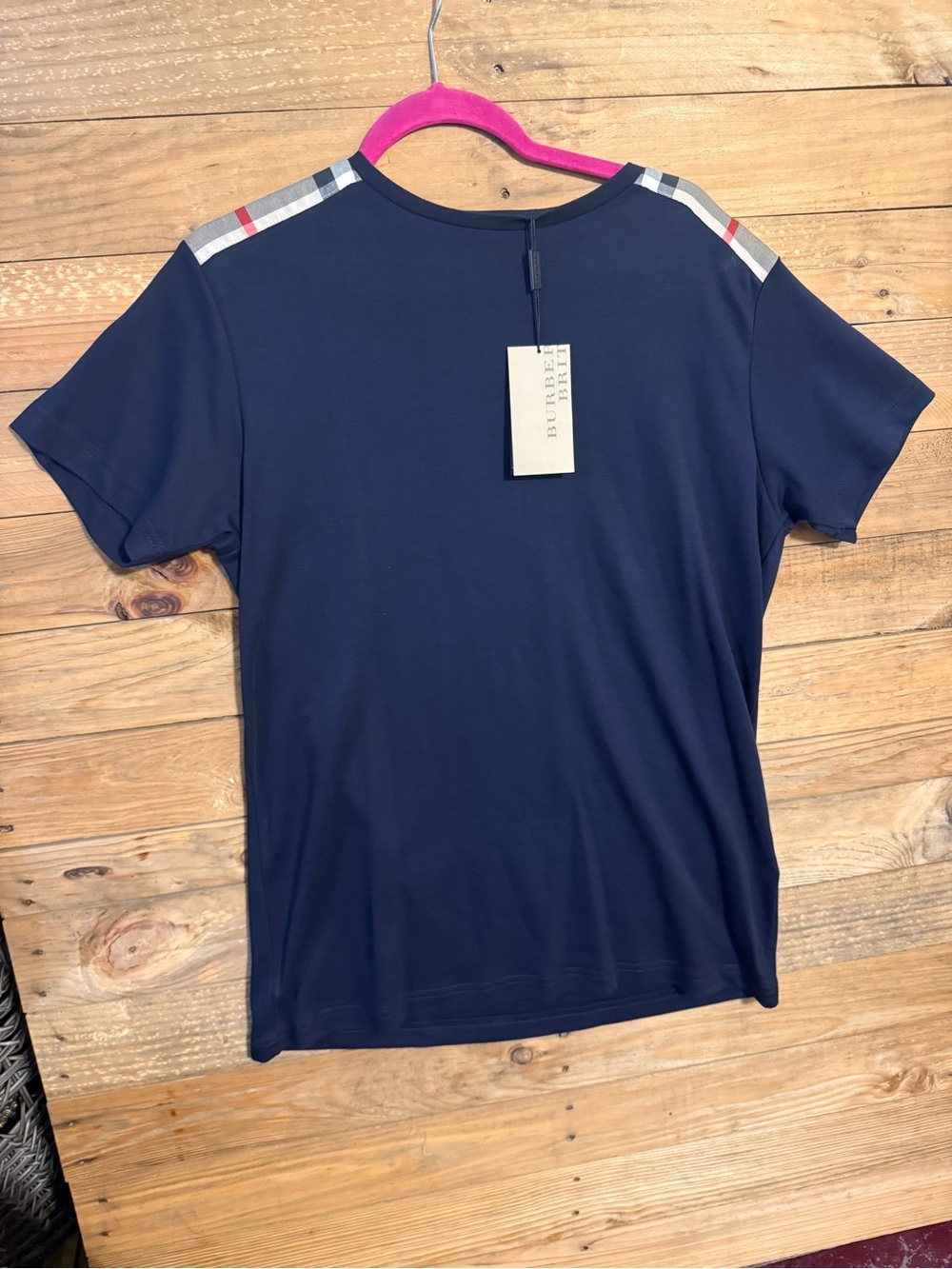 Burberry Navy Short-Sleeve Tee with Signature Check Shoulder